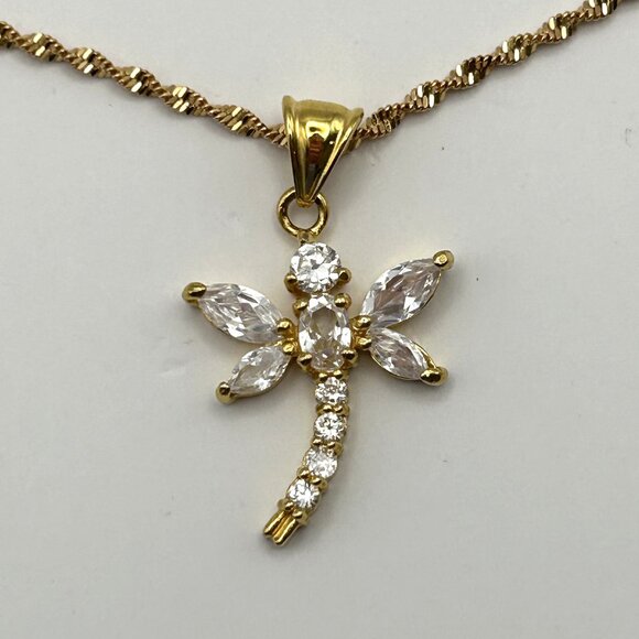 Dragonfly Pendant Necklace Gold Tone with Clear CZ Crystal Stones Rope Chain - Picture 1 of 14